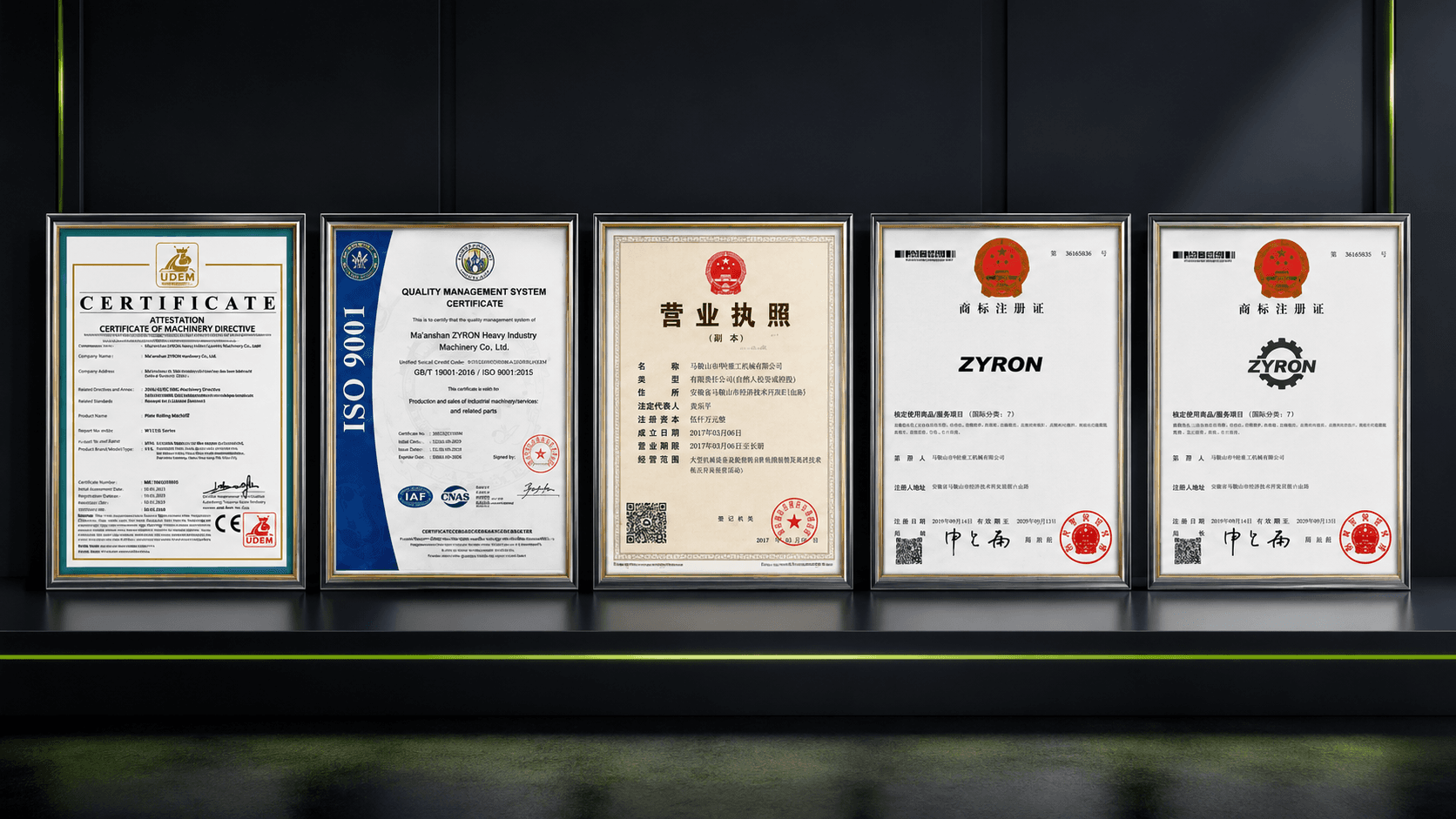 ZYRON certificates and business registration documents