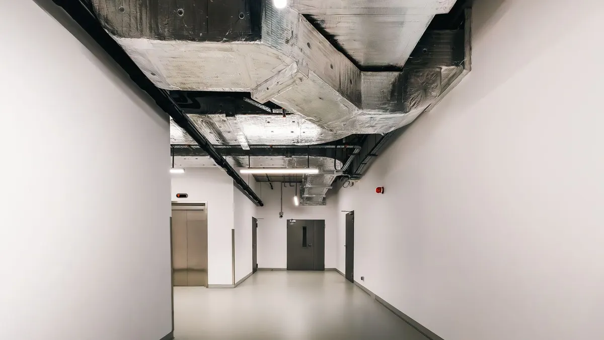 Exposed rectangular HVAC ductwork in a finished industrial interior