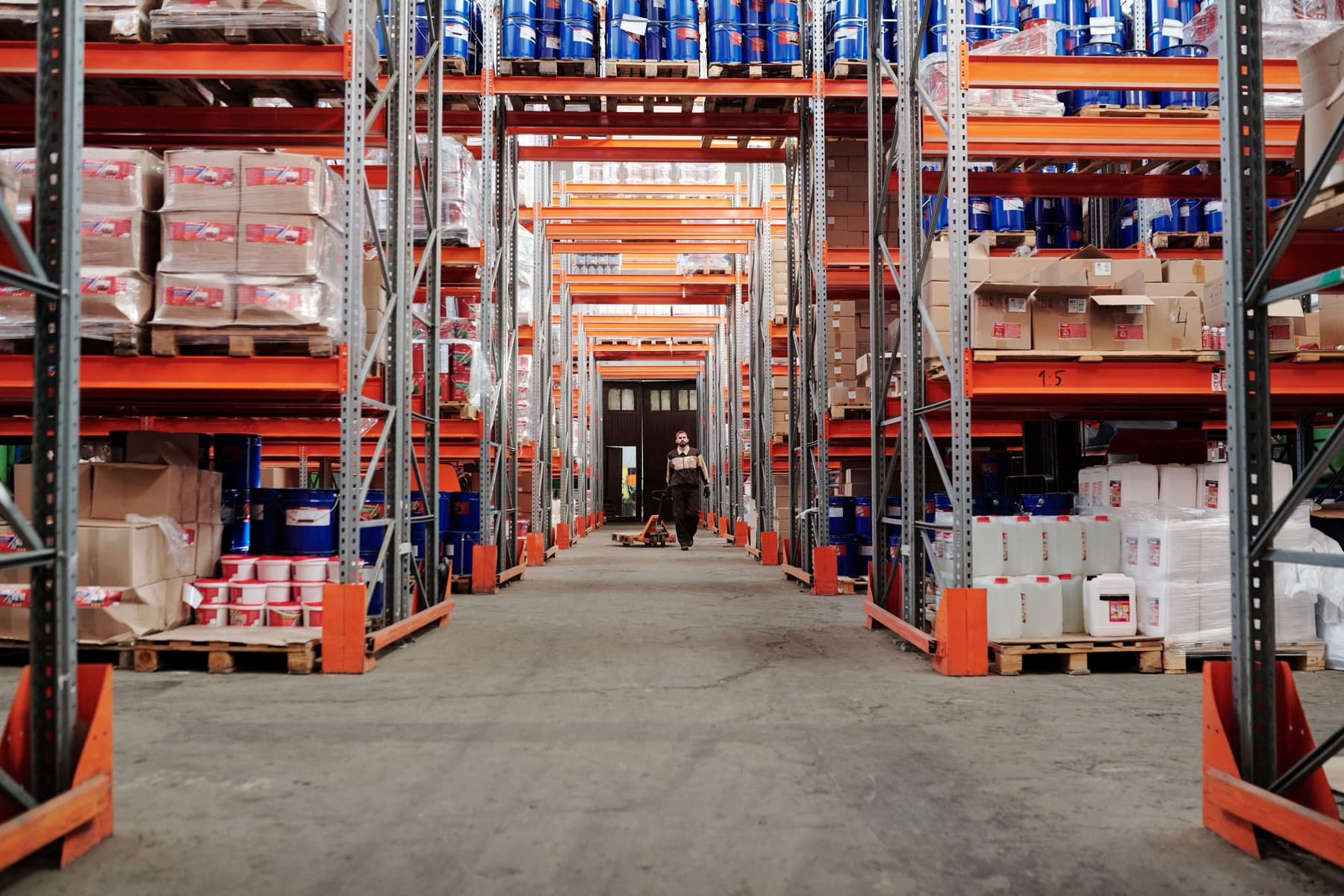 Real industrial warehouse with steel shelf and rack structures