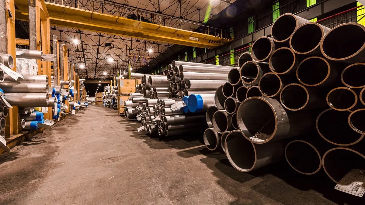 Real stacked cylindrical steel sections in an industrial warehouse